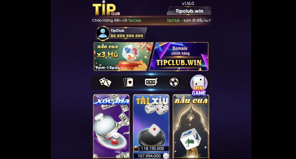 Giao diện trang chủ cổng game TipClub