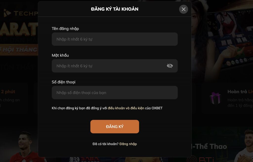 Form đăng ký OxBet