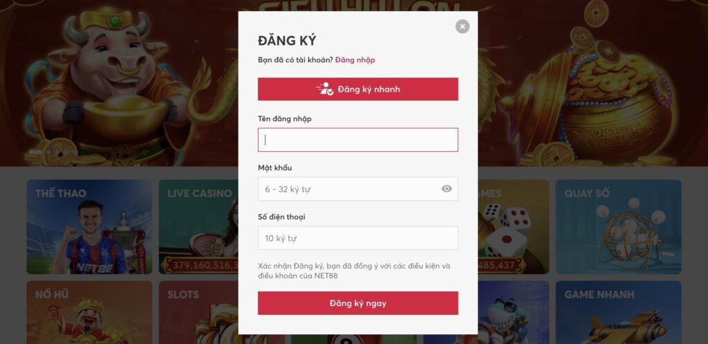 Form đăng ký tài khoản Net88